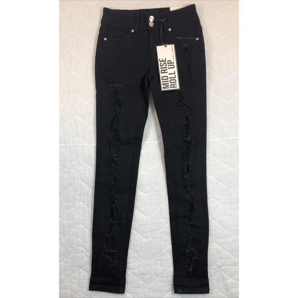 Almost Famous Jeans Women's 0 Denim Black Mid Rise Roll Up Distressed Skinny New